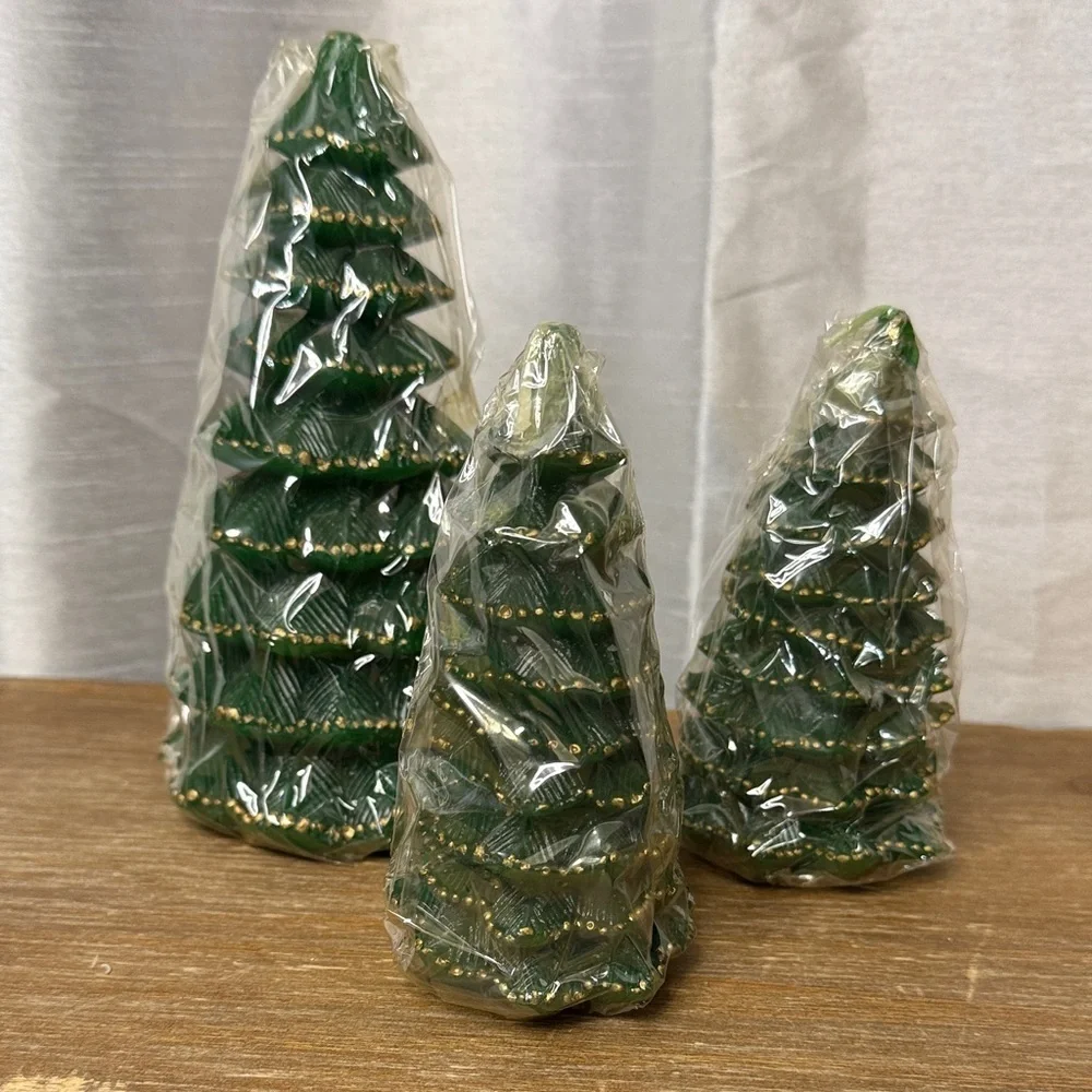 Lillian Vernon Christmas Tree Candles 463U Green Gold Set of 3 1997